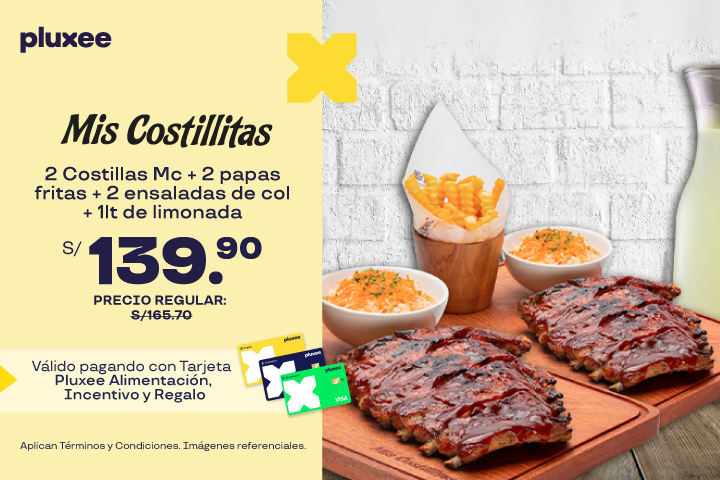 02 COSTILLAS MC + 2 PAPAS FRITAS + 2 ENSALADAS DE COL + 1LT DE LIMONADA A S/139.90  PRECIO REGULAR S/.165.70. VÁLIDO EN LOCAL